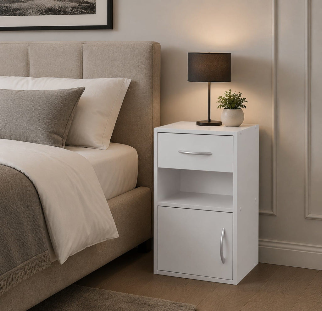 Modern Wooden Bedside Table Nightstand with Drawer, Cabinet & Open Shelf Storage | Compact Space Saving Bed Side Table for Bedroom & Home Furniture