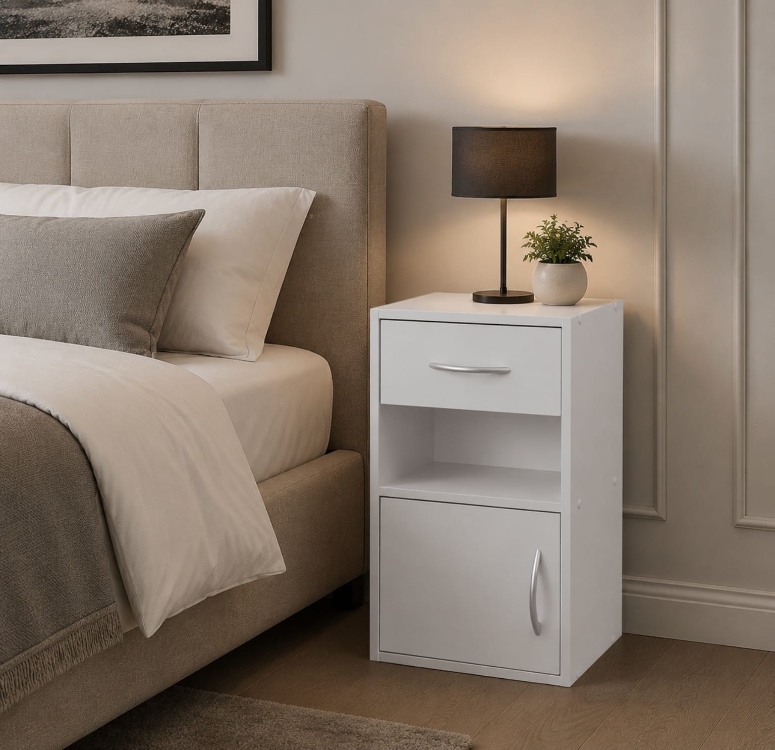 Modern Wooden Bedside Table Nightstand with Drawer, Cabinet & Open Shelf Storage | Compact Space Saving Bed Side Table for Bedroom & Home Furniture