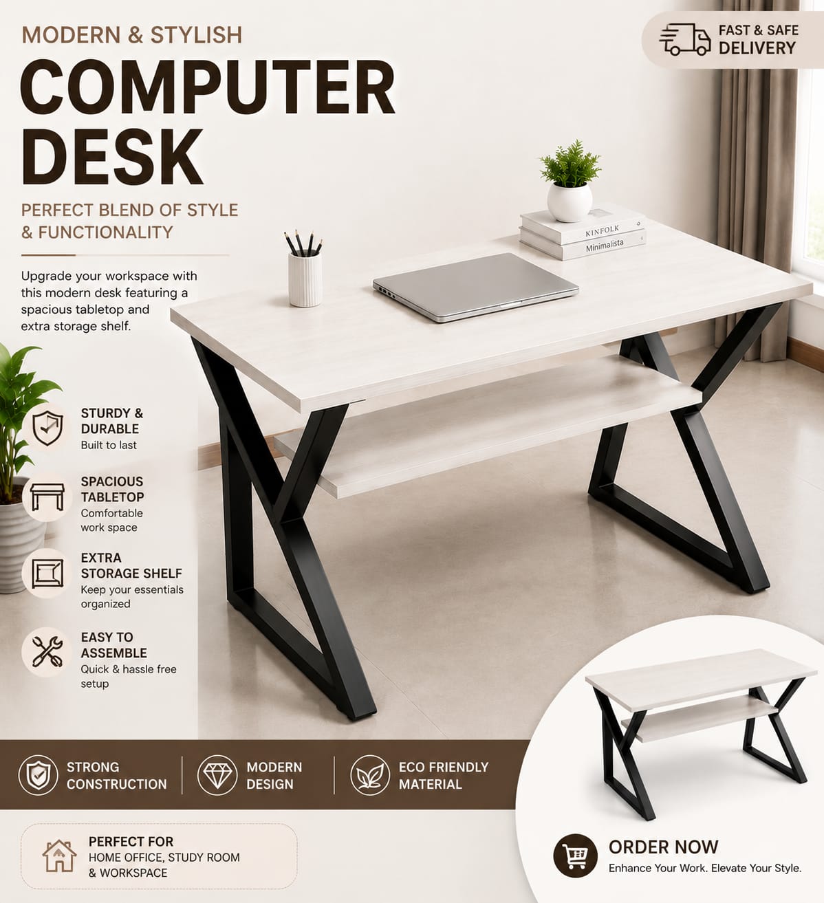 Modern Computer Desk with Storage Shelf | Home Office Study Table