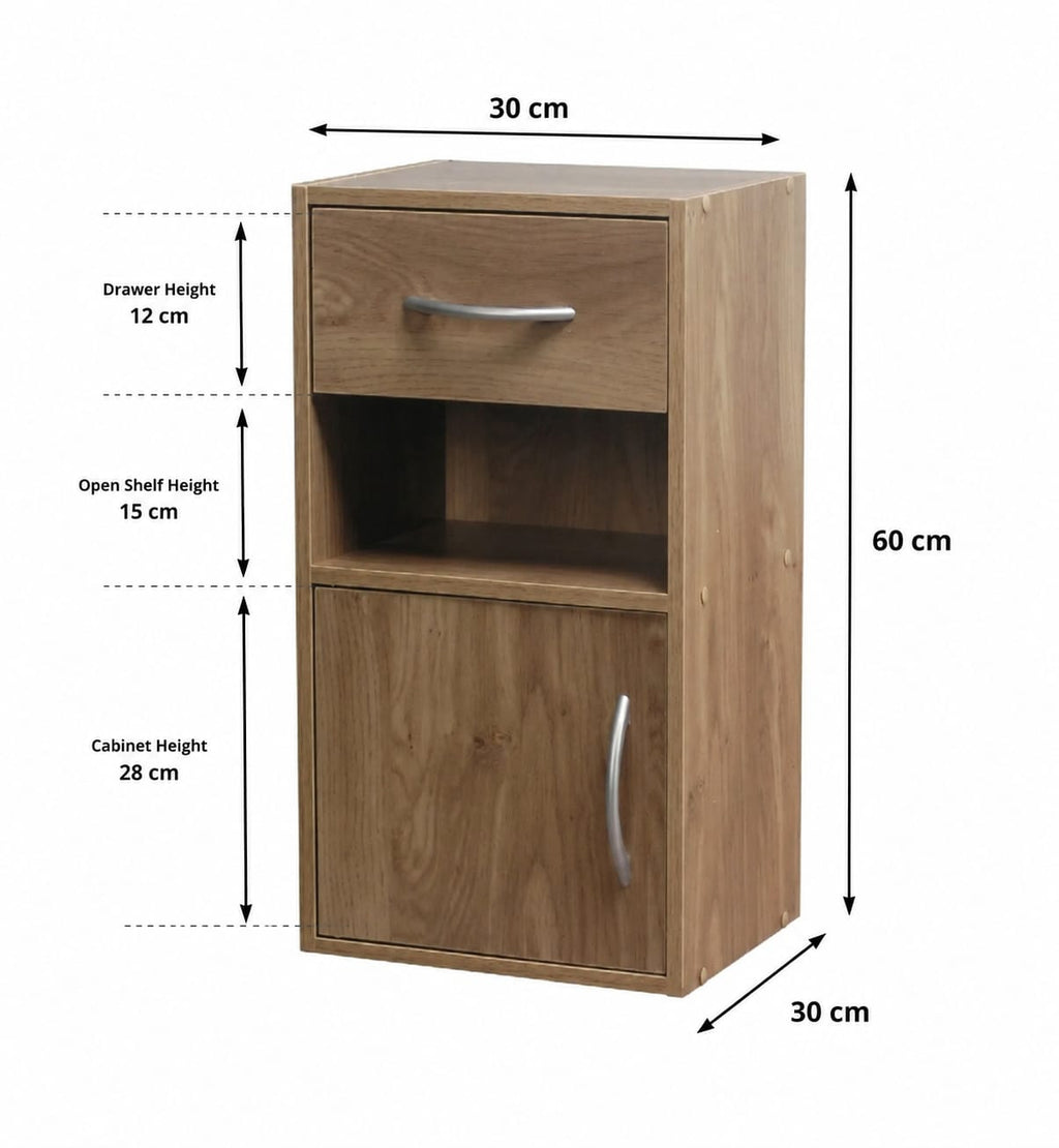Modern Wooden Bedside Table Nightstand with Drawer, Cabinet & Open Shelf Storage | Compact Space Saving Bed Side Table for Bedroom & Home Furniture